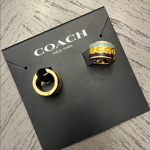 Coach Gold, Buttercup and Grey Enamel Hoop Earrings NWT - Picture 3 of 3